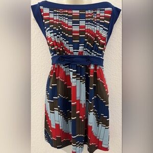 BCBGMaxAzria Red and Blue Geometric Midi Dress Large